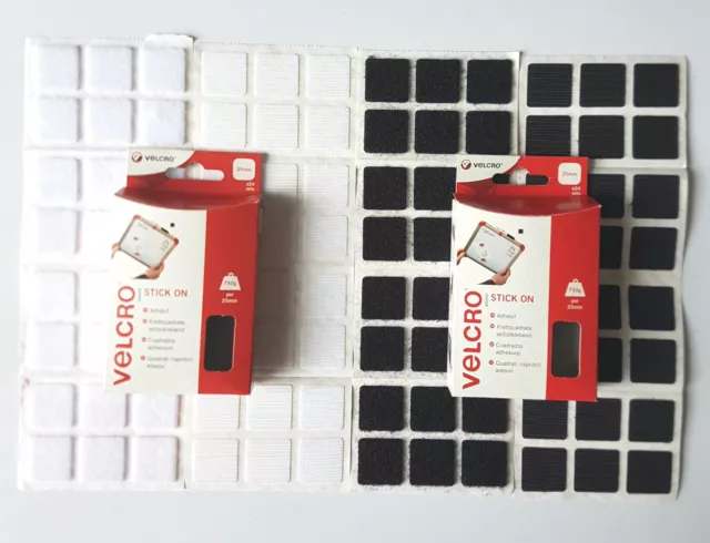24 Velcro® Squares Sticky Pads Stick On Fasteners Hook and Loop 25mm Black/White