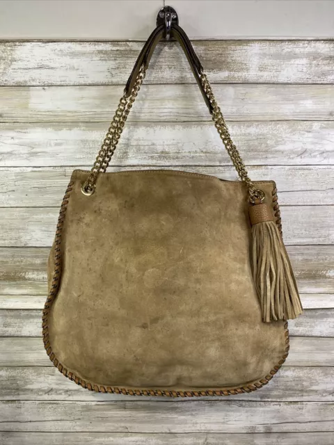 Michael Kors Hobo Brown Suede Leather Braided Shoulder Bag Tassel Metal Straps