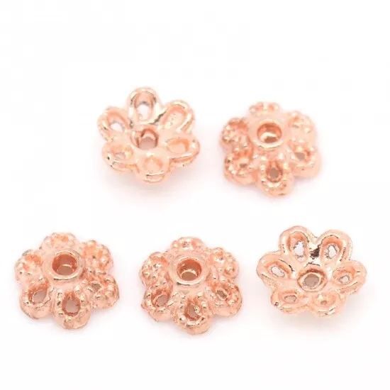 100 Flower Bead Caps - Rose Gold Plated - 6mm Dia - Fits 8-12mm Beads - J29893