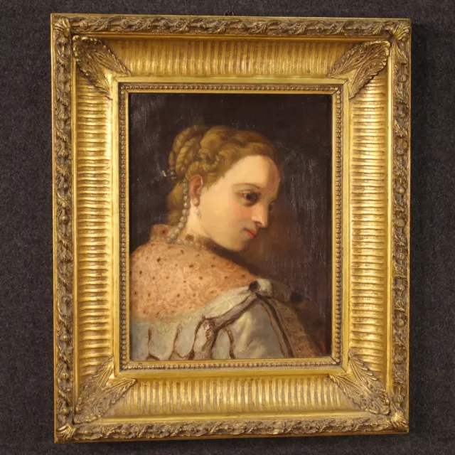 Pintura alemana cuadro óleo sobre lienzo marco antiguo retrato mujer siglo XIX