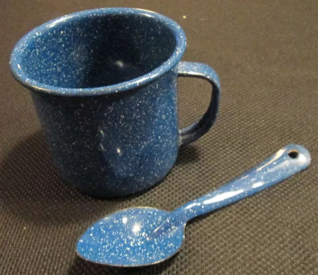 Blue & White Speckled Enamelware Metal Coffee Cup/Mug & Spoon