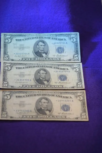 (3)1953-A Series $5 Silver Certificate Star Notes!  #363
