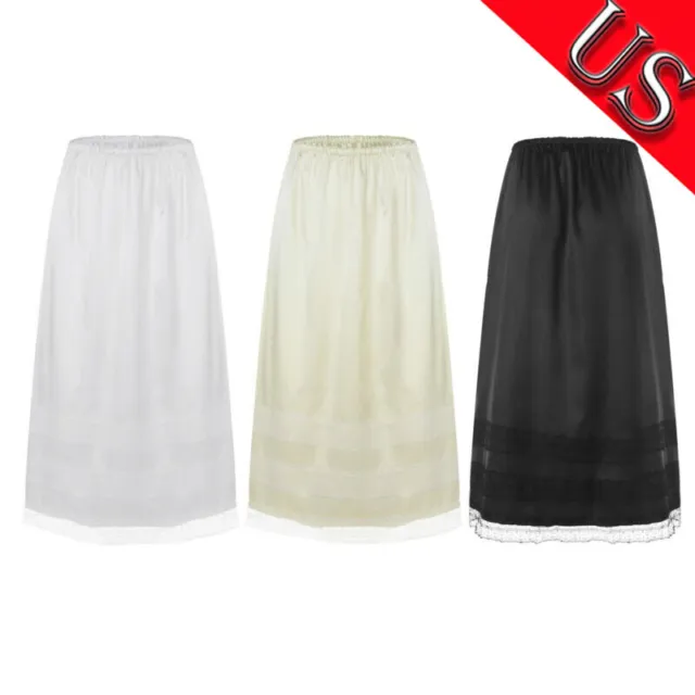 US Women Half Slip Skirt Lingerie Lace Trim Anti-Static Elastic Waist Underskirt