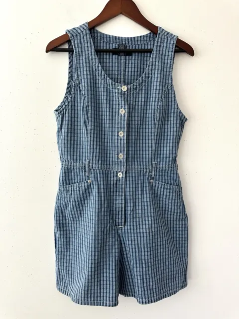 Vtg Gloria Vanderbilt Plaid Denim Romper Jumpsuit Shortall 90s Womens Petite M