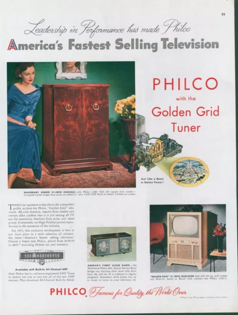 1953 Philco Television TV Golden Grid Turner Blue Dress Vintage Print Ad C8