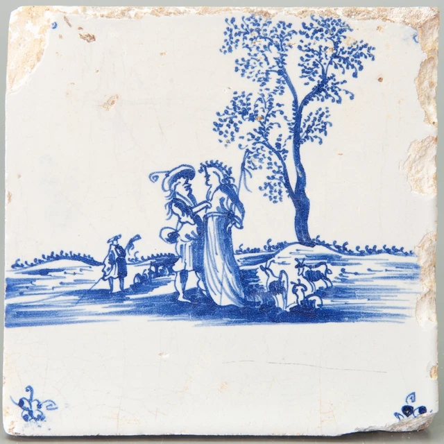 Nice Dutch Delft Blue fine painted tile, shepherds, late 17th. century.