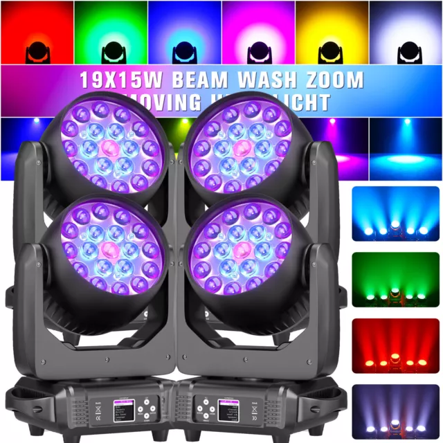 4stk 285W 19 LEDs Zoom Wash Beam Moving Head RGBW Bühnenlicht DMX DJ Lichteffekt