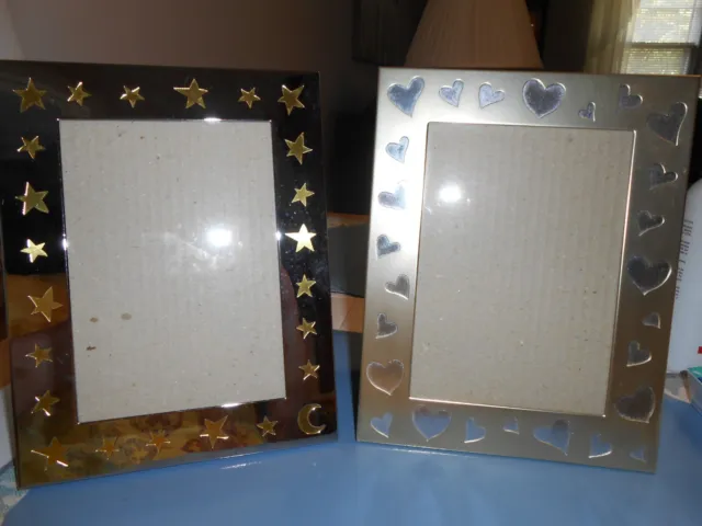 Set of 2 Very Pretty Gold Silver 5x7 Photo Frames Stars Moon & Hearts