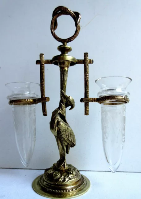 Double Porte-bouquet Art Nouveau, Héron bronze doré et 2 vases cristal Baccarat 2