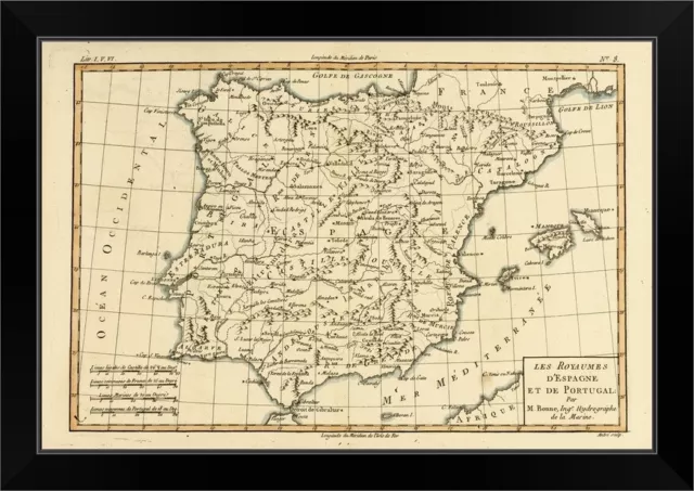 Map Of Spain And Portugal, Circa 1760 Black Framed Wall Art Print, Map Home