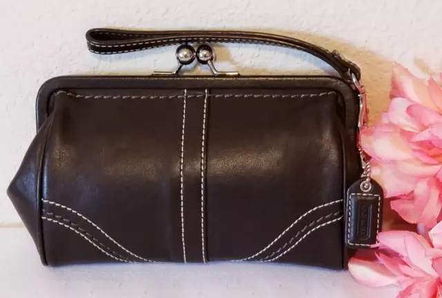 COACH SOHO VINTAGE French Kiss Lock BROWN LEATHER Framed COIN PURSE CLUTCH WRIST