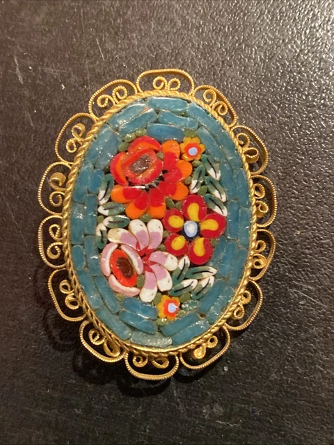 Broche Fleur Octogonale En Micro Mosaïque Italienne Vintage Or ITALIE
