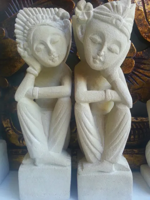 Set Of 2 Balinese Sand Stone Statues Wedding Couple Man & Woman Bali Garden