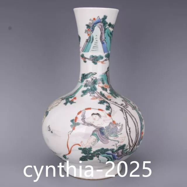 15"Old Antique Porcelain Qing Kangxi Ancient Colorful Figures Flat Belly Bottle