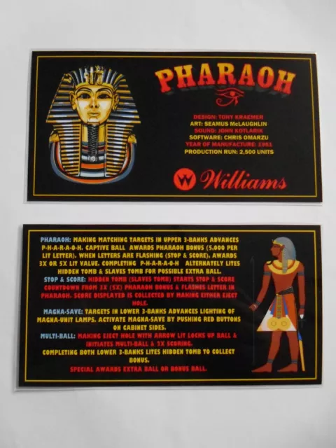 * * 'PHARAOH' Williams 1981 Custom Instruction/Apron Cards * * (New)