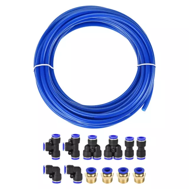 Pneumatic Air PU Tubing Kit 8mm OD 5mm ID 10M Length Blue with 12 Pcs Fittings