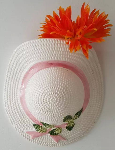 Ceramic Wall Pocket Hanging Ladies Hat pinkribbon 7.5" monogram CJ