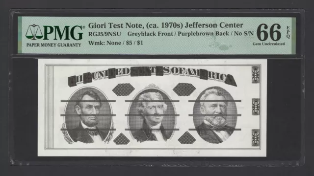 Giori Test Note,(ca. 1970s) Jefferson Center "Without Wmk" Uncirculated Grade 66