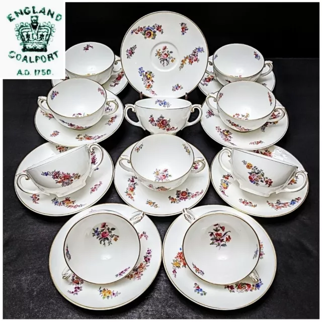 10 Sets Atq Coalport A.D.1750 Dresden Style HP Bouillon Cups & Saucers Gold Trim