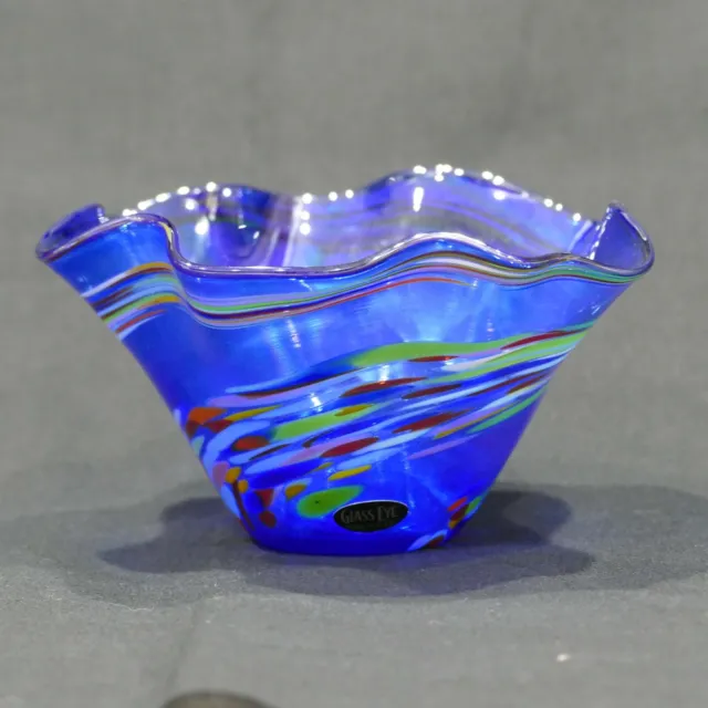 Vintage Cobalt Blue Iridescent Rainbow Swirl Bowl ~ Glass Eye Studio Hand Blown