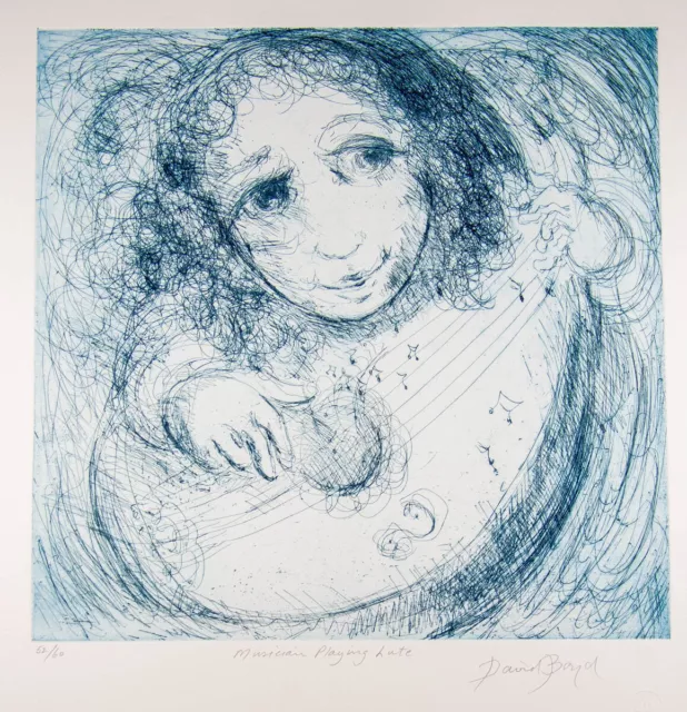 David BOYD Musician Playing Lute (Blue) - music, original etching, signed