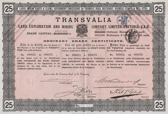 1892 Pretoria. South Africa: Transvalia Land Exploration & Mining