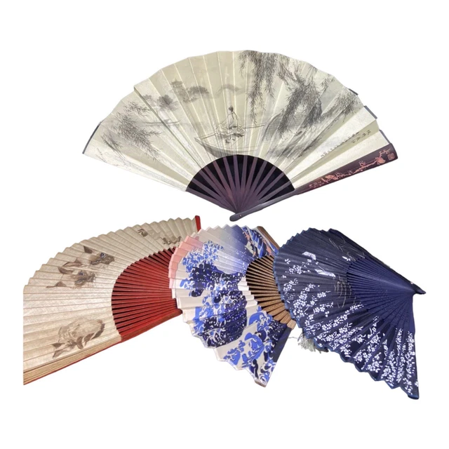 Vintage CARVED BAMBOO HAND FAN Hand Held Silk Wood And Paper Fans Signed