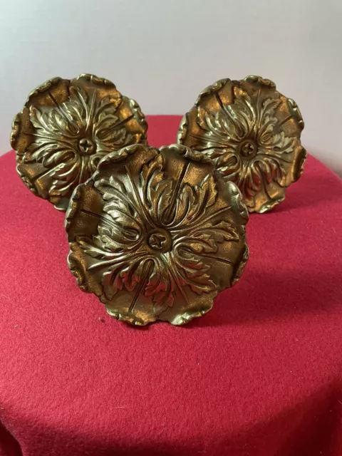 3 Vintage Heavy Solid Brass Drapery Curtain Tie Backs Medallion Flower 4 1/2”