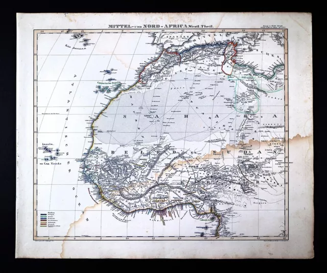 1845 Stieler & Stulpnagel Map NW Africa Morocco Algeria Guinea Benin Gold Coast