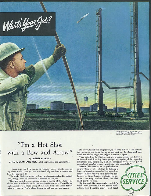 I'm a hot shot with bow & arrow Cities Service ad 1953 Grantland Rice
