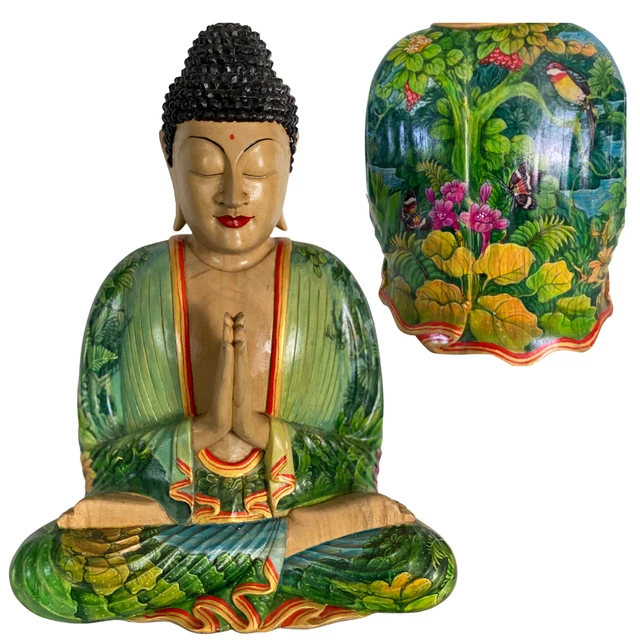 Namaste Buddha Statue Anjali Mudra Statue Painted Carved Wood Sculpture Bali Art