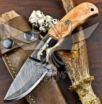 Handmade Sport Custom Blade Damascus Steel Olive Wood Art Hunting Skinner Knife