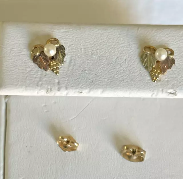 Black Hills Gold  12k Cultured Pearl Leaf Earrings Signed S   #K17