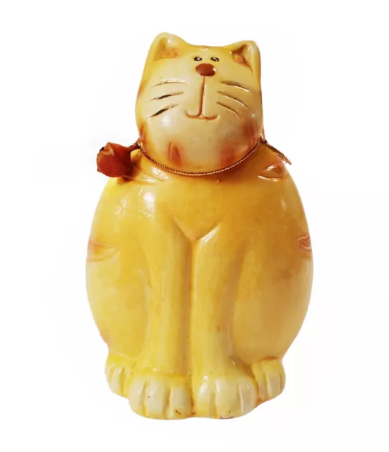 Tabby Cat Kitten Figurine Yellow Orange Folk Art Clay Pottery Hand Painted