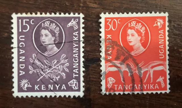 Kenya, Uganda, Tanganyika 15c + 30c Stamps 1960 QEII Flowers Animals used