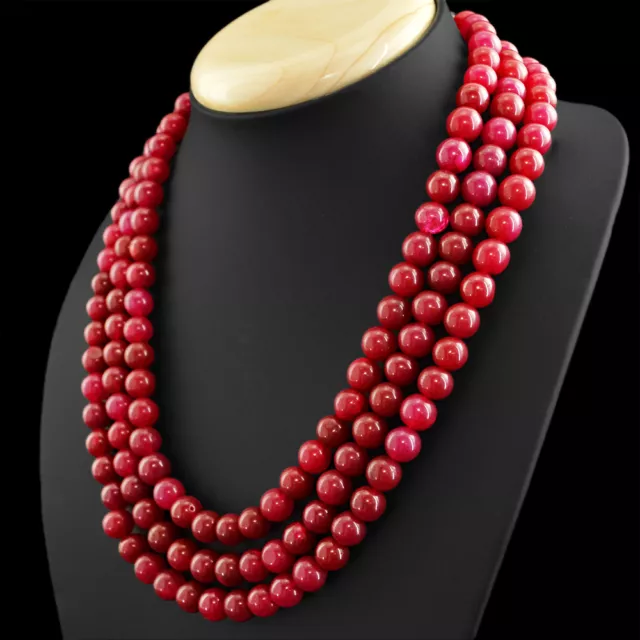 Genuine 828.50 Cts Earth Mined 3 Strand Enhanced Ruby Round Shape Beads Necklace