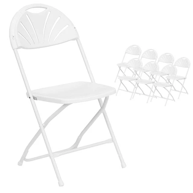 White Plastic Folding Chairs Outdoor Fan Back 300lb Capacity Steel Frame 8 Pack