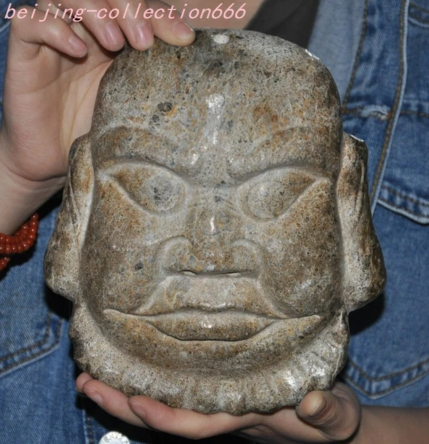 6.8'' old jade Dharma Arhat buddhist monk Buddha Facial makeup face Mask statue