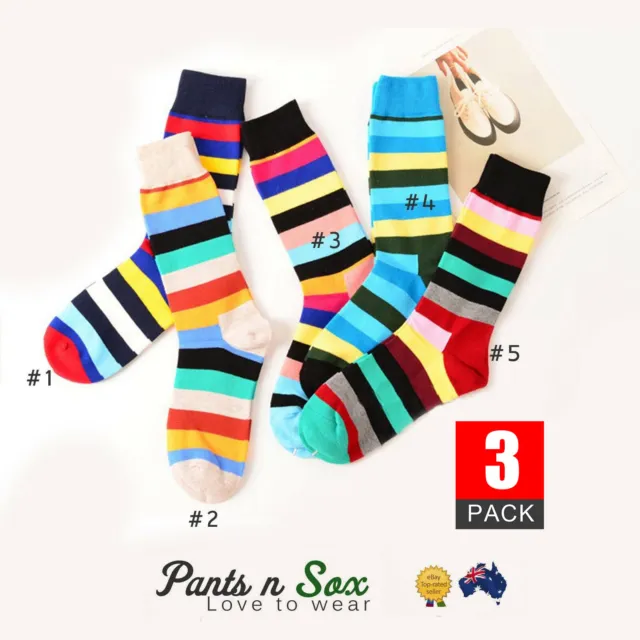 Mens 3 Pairs Stripe Socks Crew Fashion Casual Cotton Socks Fall Winter