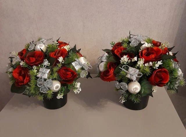 2x Artificial Flower Christmas Grave Pots