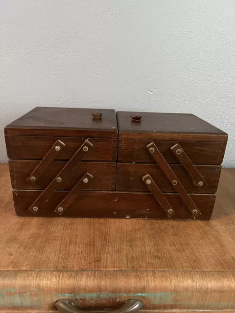 Vintage Wooden Dovetail Accordian Fold Out 3 Tier Sewing Caddy Large Capacity