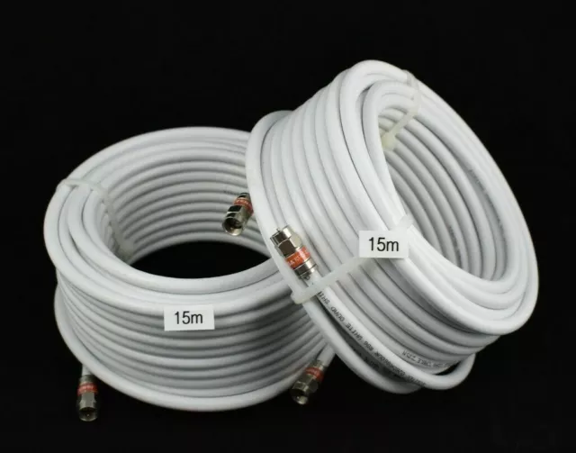 2x 15m RG6 Coax White Quad Shield F-Type Cable TV Antenna Foxtel Telstra Optus