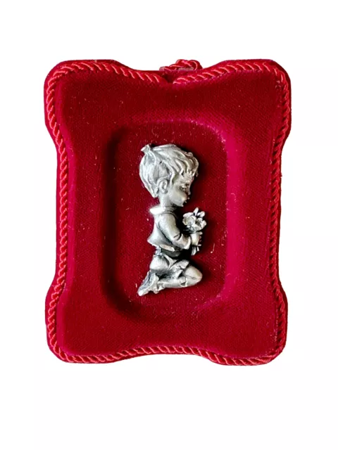 Vintage Italian Pewter Praying Boy With Flowers Red Velvet Wall Hanging or Shelf