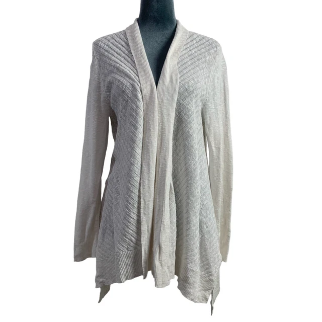 Eileen Fisher Womens M Linen Blend Ivory Open Front Waterfall Cardigan Sweater