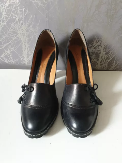 CLARKS WOMEN'S BLACK Real Leather Court Shoes Uk Size 7 EU 40 Heel 8cm ...