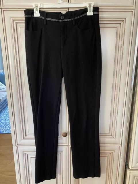 NYDJ Womans Straight Leg Ponte Knit Pants With Faux Leather Trim Size 4 black