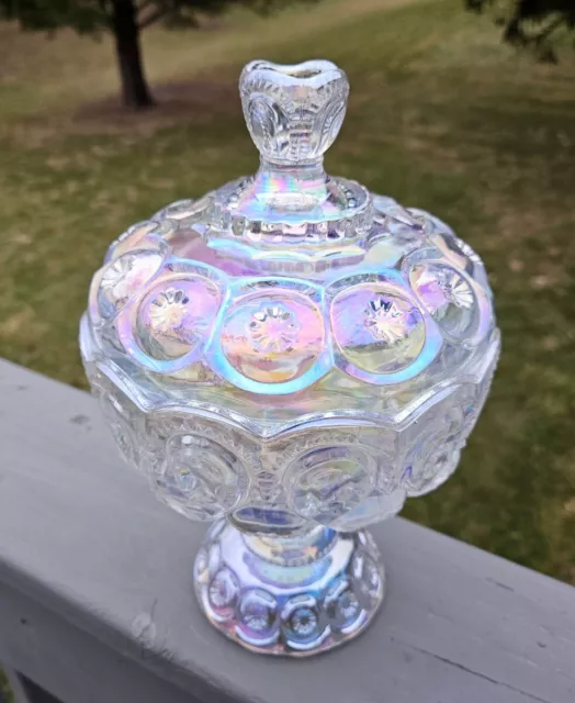 Carnival Moon And Star Glass Clear Iridescent Large Compote Candy Dish 2