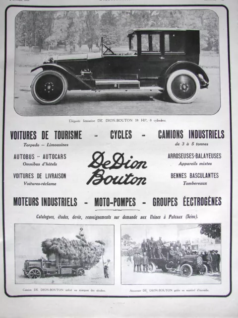 Publicité Presse 1920 De Dion Bouton Voitures Tourisme Cycles Camion Arroseuse