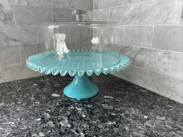 Fenton turquoise silvercrest milk glass Cake Stand Plate Aqua Blue Vintage W Lid