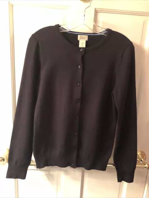 LLBean women Fine Knit BLACK Cotton sweater Cardigan Lightweight Reg S NWOT